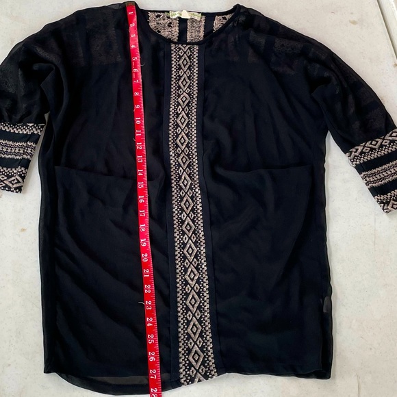 Anthropologie • Striving At Stars Blouse Top Tunic Black Sheer Tan Embroidery - Picture 8 of 9